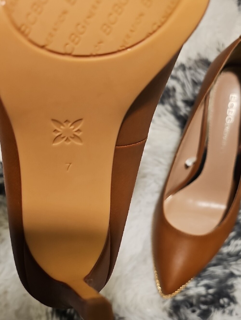 BCBGeneration Tan Pointed-Toe Pumps with Gold Chain Accent - Picture 2 of 4